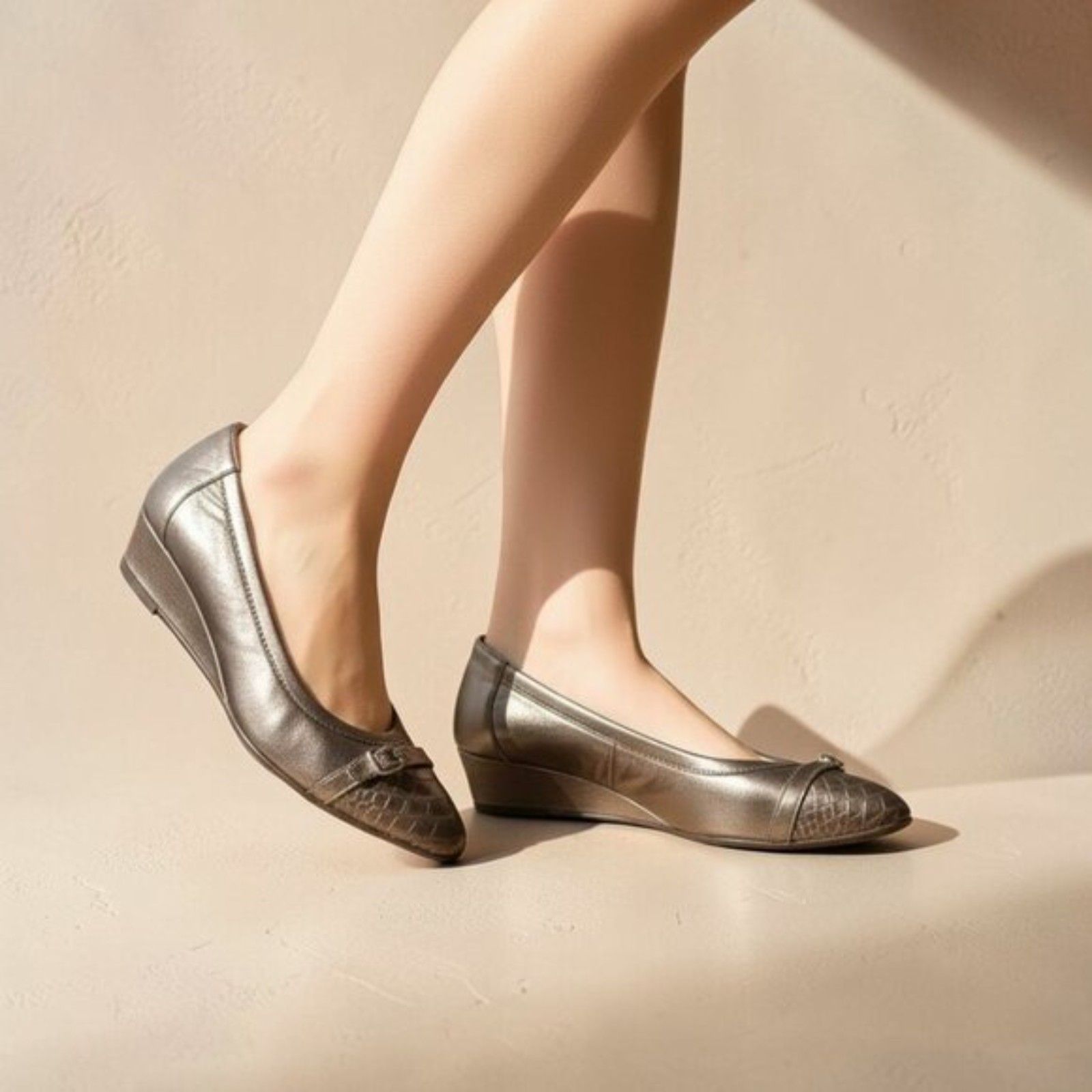 Agl Balletcore Low Wedge Pump Metallic Pewter Snakeskin Cap Toe